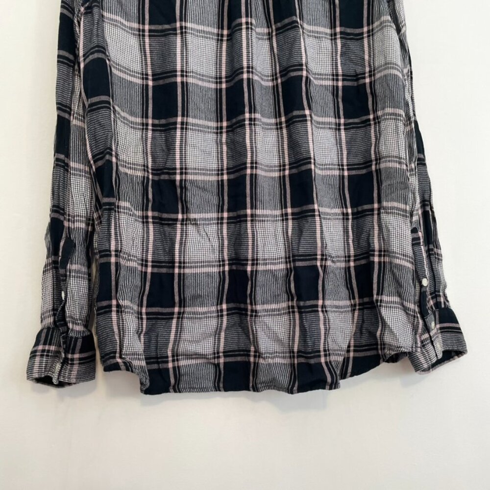 EXPRESS Patch Pocket Plaid Boyfriend Shirt Black White Flannel Button Down Tunic - Picture 15 of 16